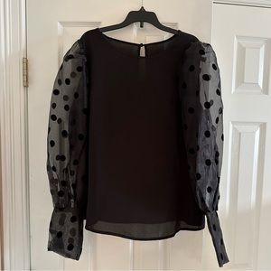 Black long sleeve top with Sheer Polkadot sleeves Size L